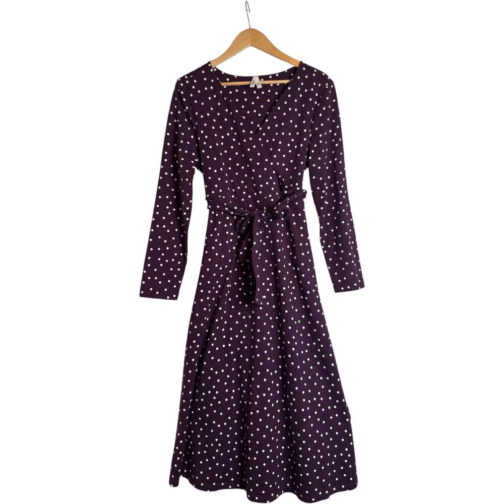 Pact Organic Cotton Surplice Dress XL Purple Polka Dot Tie Waist Midi - Picture 2 of 9